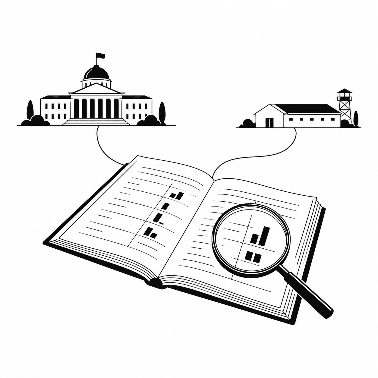 Ilustrasi hitam-putih buku anggaran dan kaca pembesar, dengan garis yang menghubungkan gedung sipil dan bangunan militer.